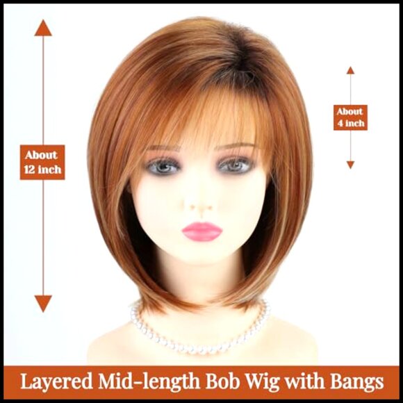 Layered Bob Wig with Bangs Straight Synthetic Daily Party Hairstyle Natural
